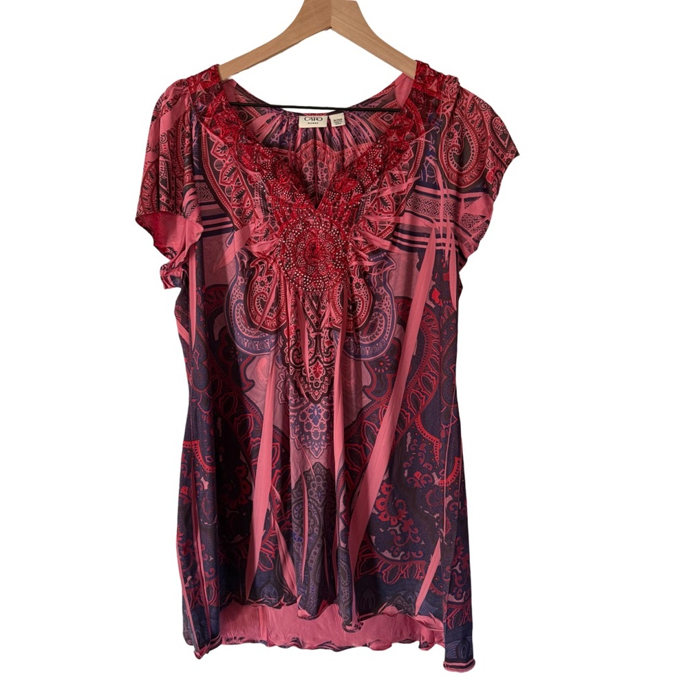 Cato Women’s 18/20W‎ Sheer Tunic Top Pink Navy Paisley Beaded Embellished Blouse